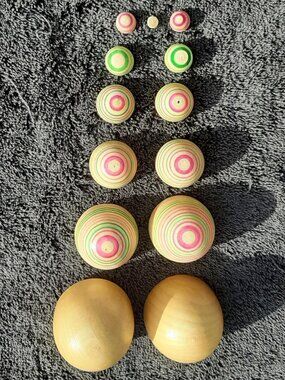 Vintage Japanese Nesting Eggs Turned Wood Painted Striped Graduating Set 3"